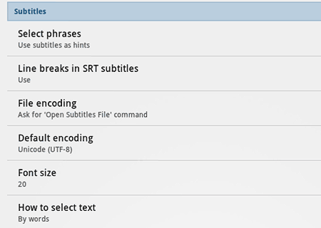 Subtitles settings